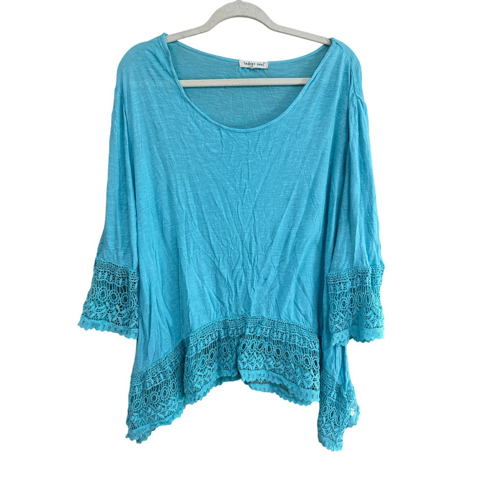 Indigo Soul Womens XL Turquoise Blue Crochet Lace Trim Boho Slub Knit Blouse Top